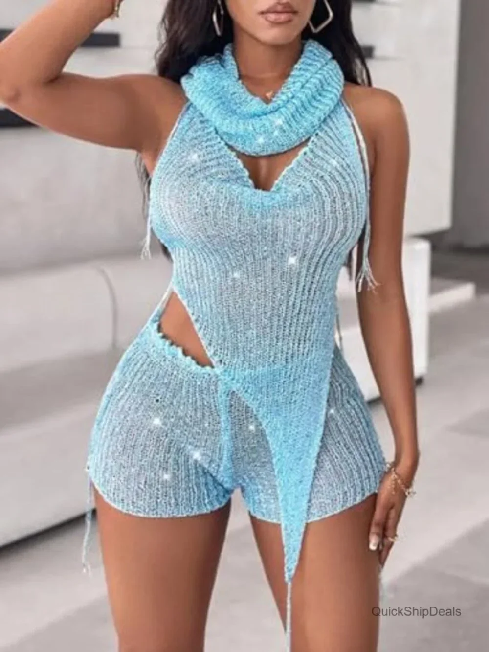 Sequin Knit Backless Halter Top Crochet Shorts Set with Matching Rave Hood